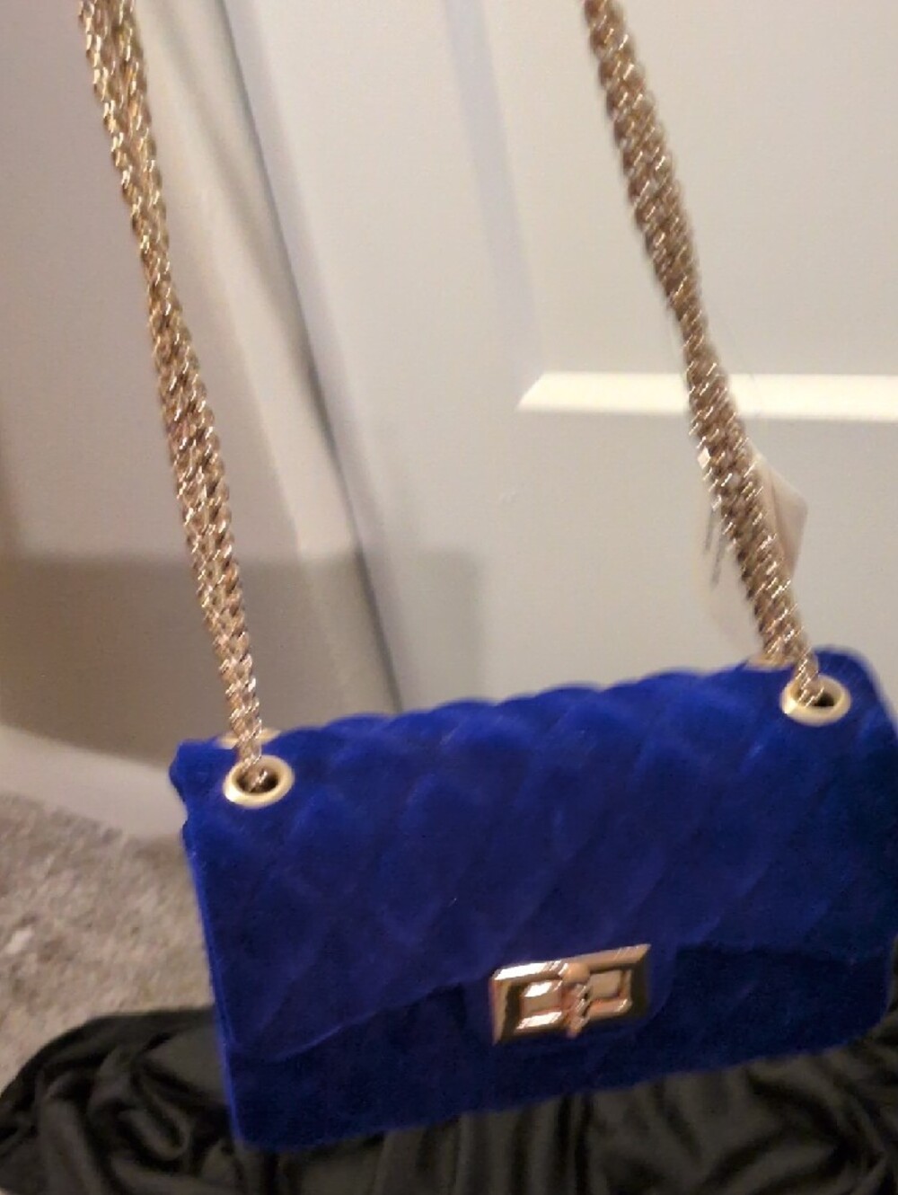 Windsor Quilted Velvet Crossbody in Royal Blue with Gold Chain - Picture 13 of 13